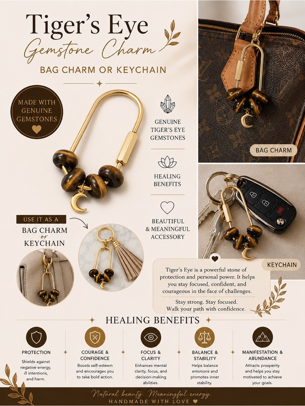 Tiger’s Eye Gemstone Bag Charm Keychain